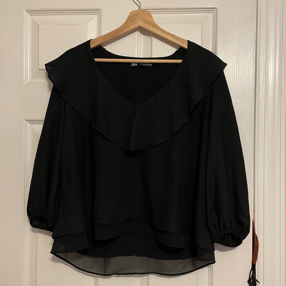 Zara black medium top plunge neck balloon sleeves
